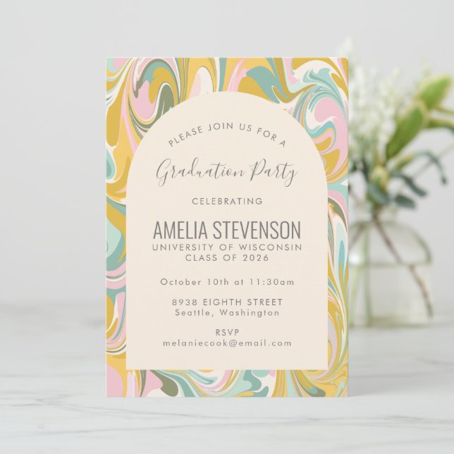 Pastel Abstract Marble Photo Graduation Party Invitation (Standing Front)