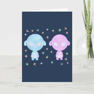 Pastel Alien Twin Sisters Cute Cosmic Kawaii Art Card