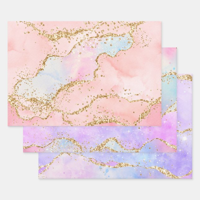 Pastel and Gold Faux Glitter Agate Wrapping Paper Sheet (Set)