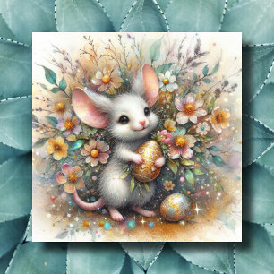 Pastel and Gold Sparkle Mouse and Easter Eggs  Holiday Card
