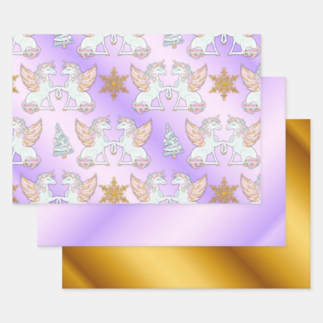 Pastel and Gold Unicorn Christmas Wrapping Paper Sheet (Set)