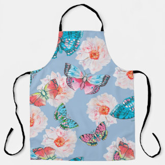 Pastel anemones and butterflies colourful watercol apron
