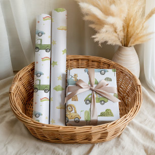 Pastel Animals in Cars Baby Boy Nuetral Wrapping Paper Sheet