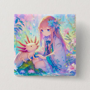 Pastel Anime Girl and an Axolotl 2 Inch Square Button