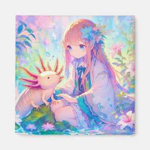 Pastel Anime Girl and an Axolotl Personalized Magnet