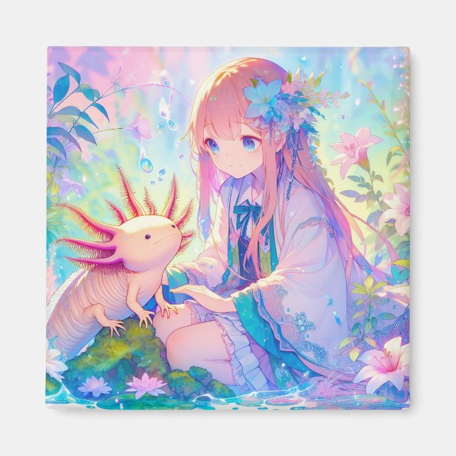Pastel Anime Girl and an Axolotl Personalized Magnet (Front)