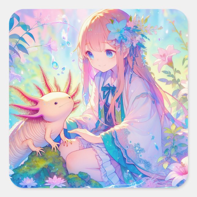 Pastel Anime Girl and an Axolotl Personalized Square Sticker (Front)