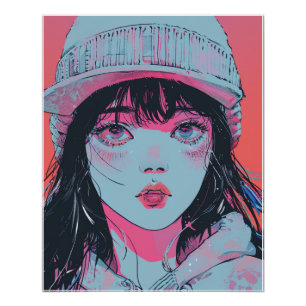 Pastel Anime Girl in Beanie Art Poster