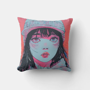 Pastel Anime Girl in Beanie Art Throw Pillow