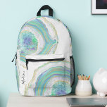 Pastel Aqua and Purple Agate Pattern with Name Printed Backpack<br><div class="desc">This beautifully stylish backpack design features a modern agate stone pattern in trendy feminine pastel aqua, purple, blue and gold. A text template is included to personalize with your name or other desired text along the lower left side of the design. You can also delete the sample monogram if you...</div>