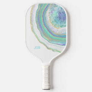 Pastel Aqua and Purple Agate with Monogram Pickleball Paddle