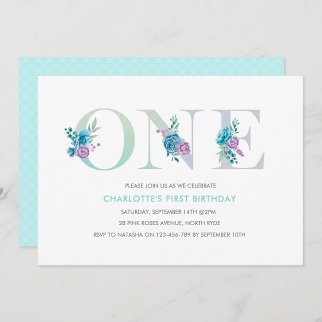 Pastel Aqua bleu premier anniversaire Invitation (Devant / Derrière)