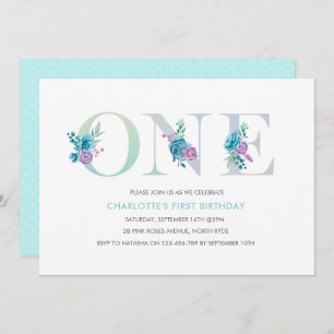 Pastel Aqua blue first Birthday Invitation