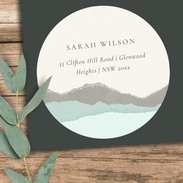 Pastel Aqua Grey Kraft Mountain Wave Address Classic Round Sticker (Creator Uploaded)