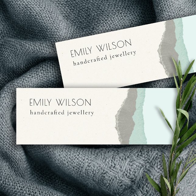Pastel Aqua Grey  Kraft Mountain Wave Torn Edge Mini Business Card (Creator Uploaded)