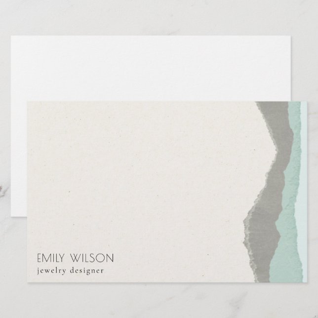 Pastel Aqua Grey  Kraft Mountain Wave Torn Edge Stationery (Front/Back)