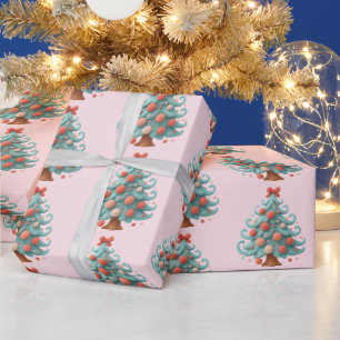 Pastel Aqua Pink Whimsical Christmas Trees Wrapping Paper