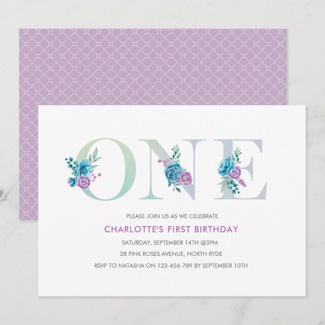 Pastel Aqua Purple premier anniversaire Invitation (Devant / Derrière)