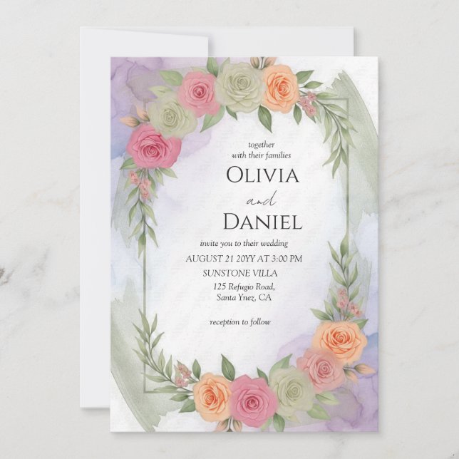 Pastel Aquarelle Faire-part de mariage Floral (Devant)