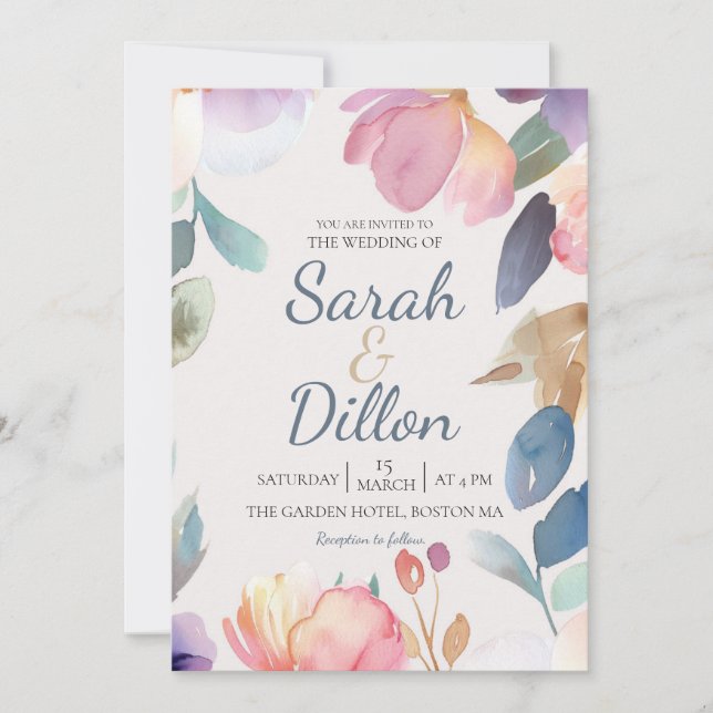 Pastel Aquarelle Faire-part de mariage Floral (Devant)