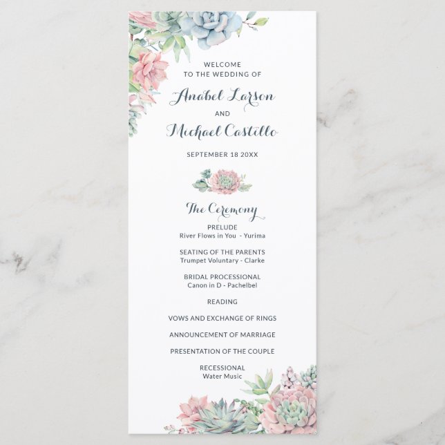 Pastel Aquarelle Succulents Programme de mariage (Devant)