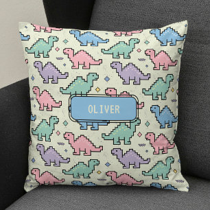 Pastel Arcade Dinosaur Pixel Silhouettes Pattern Throw Pillow