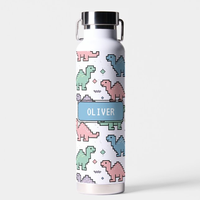 Pastel Arcade Dinosaur Pixel Silhouettes Pattern Water Bottle (Front)