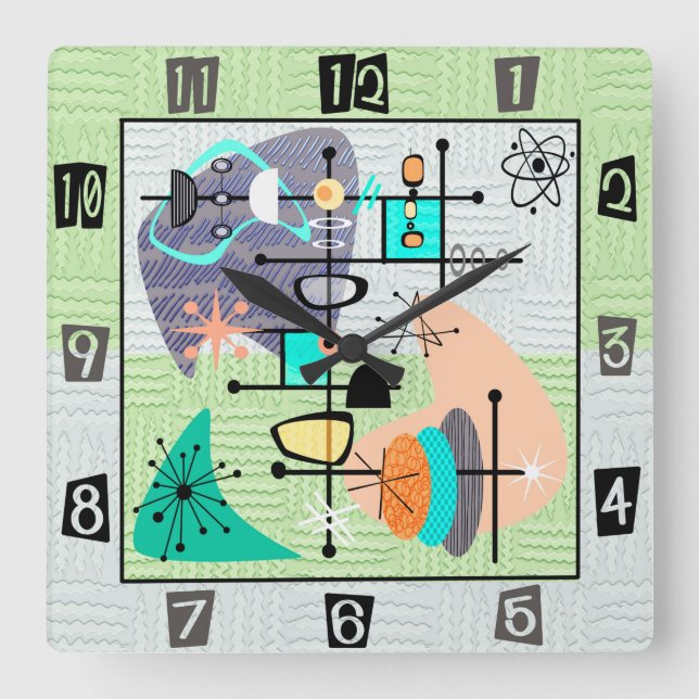 Pastel Atomic Modern Mid Century  Square Wall Clock (Front)