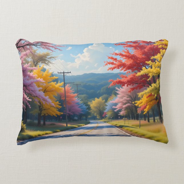 Pastel Autumn Country Road Watercolor Accent Pillow (Front)