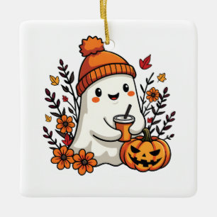 Pastel Autumn Kawaii Ghost Fall Pumpkin Spice   Ceramic Ornament