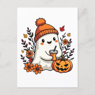 Pastel Autumn Kawaii Ghost Fall Pumpkin Spice   Postcard