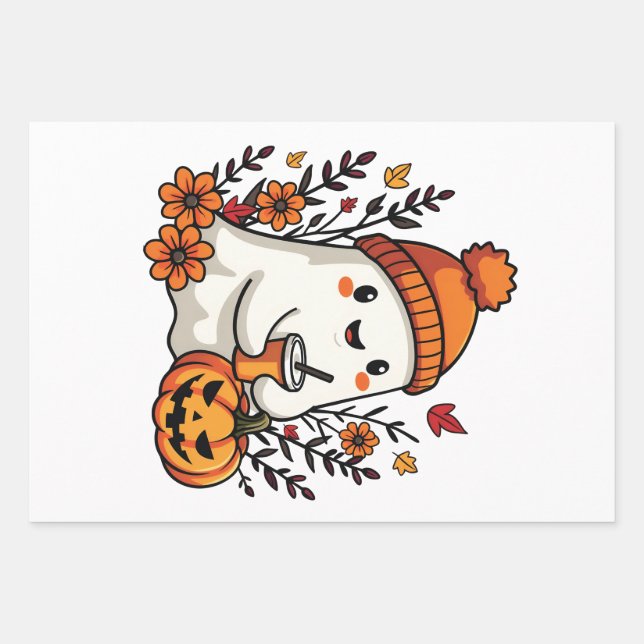 Pastel Autumn Kawaii Ghost Fall Pumpkin Spice   Wrapping Paper Sheet (Front)