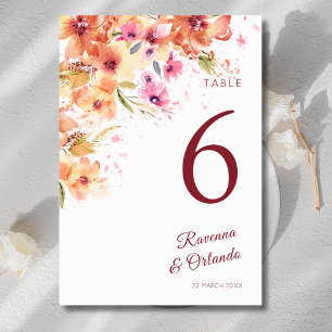 Pastel Autumn Wildflower Peony Rose Art Wedding Table Number