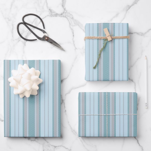 Pastel Azure & Grey Chevron Stripes Wrapping Paper Sheet (Front)