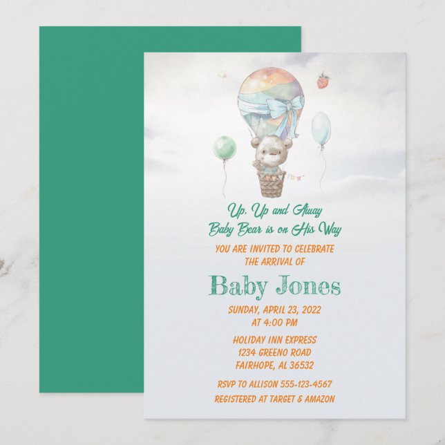Pastel Baby Bear Hot Air Balloon Baby Shower Invitation (Front/Back)
