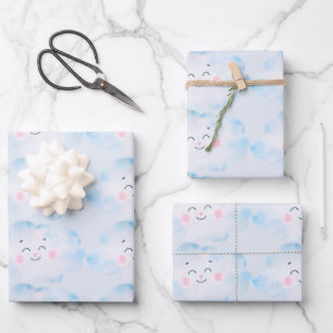 Pastel Baby Blue Clouds on Blue Wrapping Paper Sheet