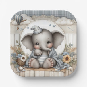 PASTEL BABY BLUE ELEPHANT WITH BLANKET PAPER PLATE