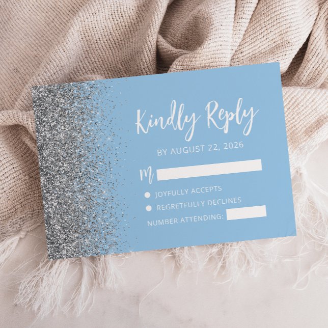 Pastel Baby Blue Silver Glitter Edge Script RSVP Card (Creator Uploaded)