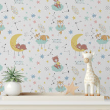 Pastel Baby Fox Bear Moon Stars Cute Kids Pattern