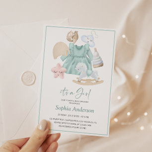 Pastel Baby Girl Shower with Soft Blue Dress Invitation