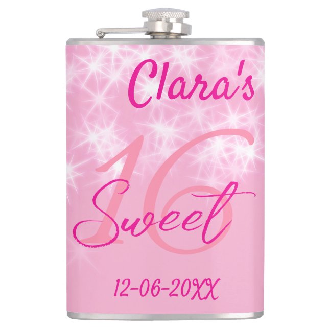 Pastel baby pink sweet 16 birthday add name da hip flask (Front)