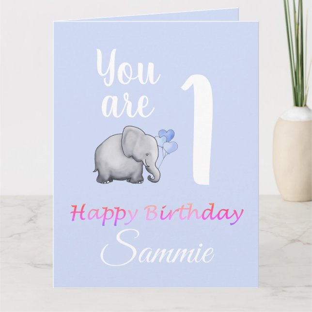 Pastel Baby's Cute Elephant 1st Birthday Verses Card (Front)