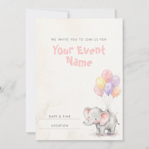 Pastel Balloon Baby Elephant Watercolor Invitation