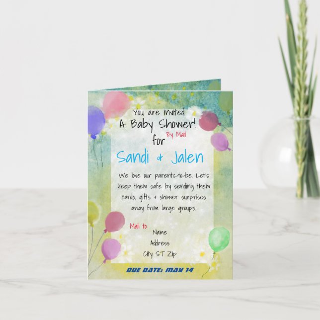 Pastel Balloons Baby Shower by Mail Watercolor Invitation (Front)