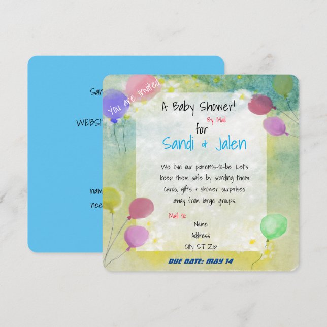 Pastel Balloons Baby Shower by Mail Watercolor Invitation (Front/Back)