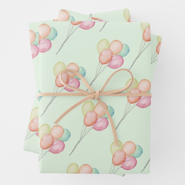 Pastel Balloons on Green Baby Shower  Wrapping Paper Sheet (In situ)