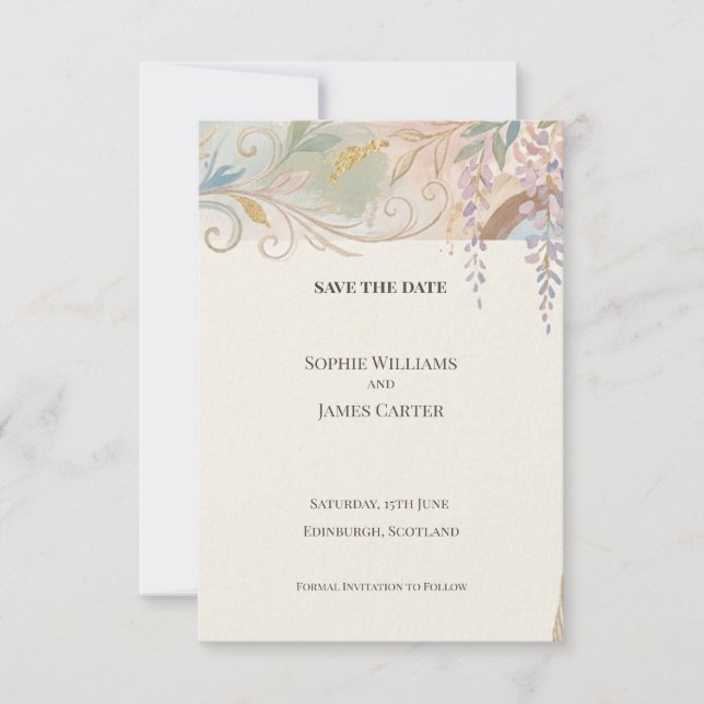 Pastel Baroque Floral Save The Date Card (Front)