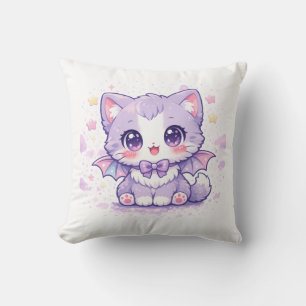 Pastel Bat Kitty Kawaii Lavender Winged Cat Throw Pillow