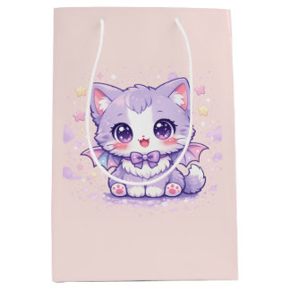 Pastel Bat Kitty  Kawaii Lavender Winged  Medium Gift Bag