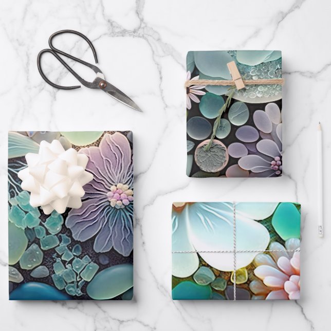 Pastel Beach Glass Flower Mosaic Wrapping Paper Sheet (Front)